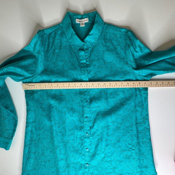 Coldwater Creek Sheer Textured Button Up Shirt Large Teal Long Sleeve Office - Picture 10 of 10
